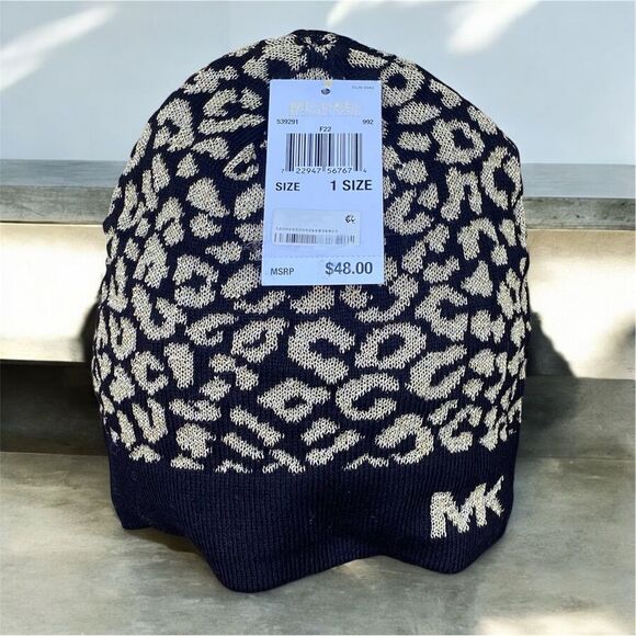 NWT New Michael Kors Black and Gold Metallic Leopard Print Logo Hat/Beanie OS - Picture 2 of 6